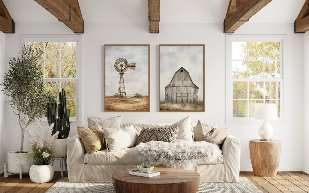 Set of 2 rustic farmhouse wall art prints featuring a weathered barn and a traditional windmill.