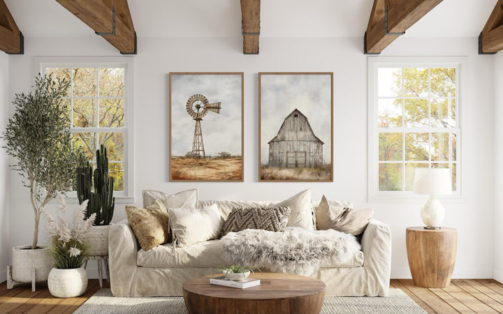 Set of 2 rustic farmhouse wall art prints featuring a weathered barn and a traditional windmill.
