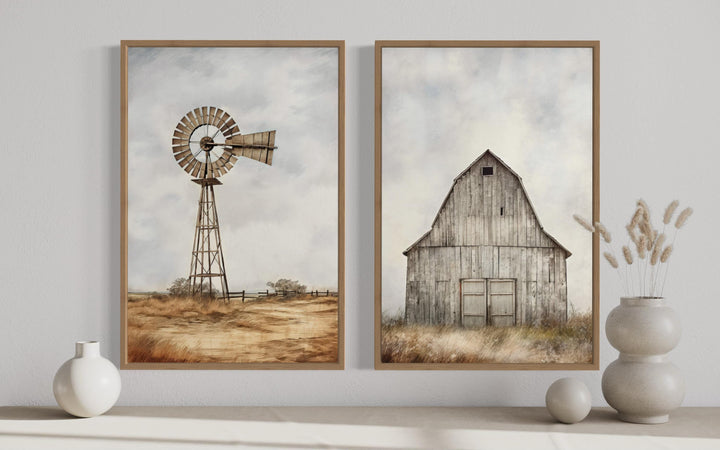 Set of 2 framed rustic farmhouse wall art prints featuring a weathered barn and a windmill.