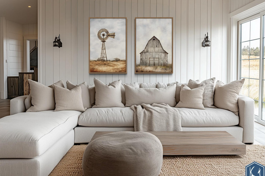 Set of 2 Old Barn And Windmill Rustic Farmhouse Wall Art