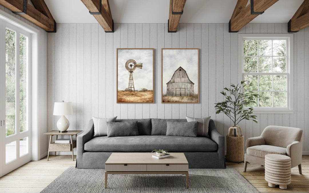 Set of 2 framed rustic farmhouse wall art prints featuring a weathered barn and a windmill.
