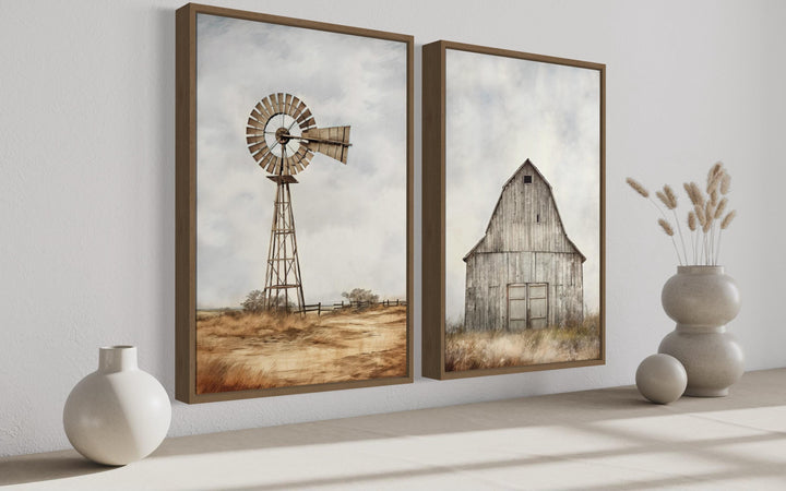 Set of 2 rustic farmhouse wall art prints featuring a weathered barn and a traditional windmill.