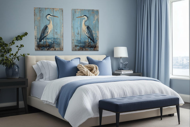 Set of 2 Rustic Blue Herons Paintings On Wood Canvas Wall Art