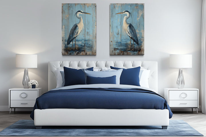 Set of 2 Rustic Blue Herons Paintings On Wood Canvas Wall Art