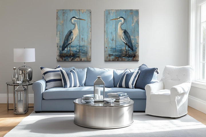 Set of 2 Rustic Blue Herons Paintings On Wood Canvas Wall Art