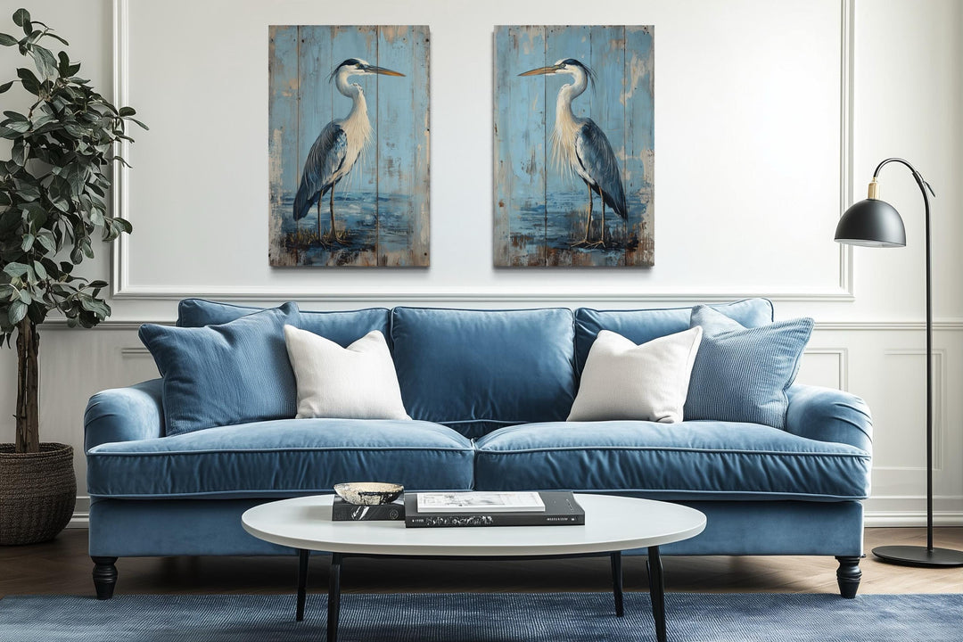 Set of 2 Rustic Blue Herons Paintings On Wood Canvas Wall Art