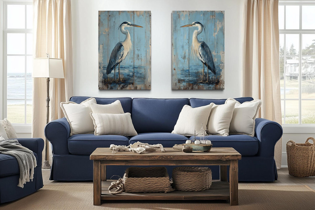 Set of 2 Rustic Blue Herons Paintings On Wood Canvas Wall Art