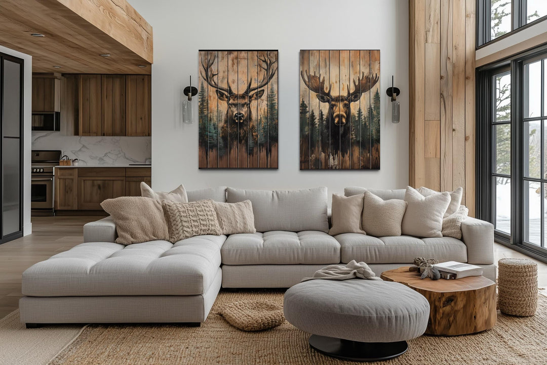 Set of 2 Rustic Moose and Deer Distressed Wood Wall Art