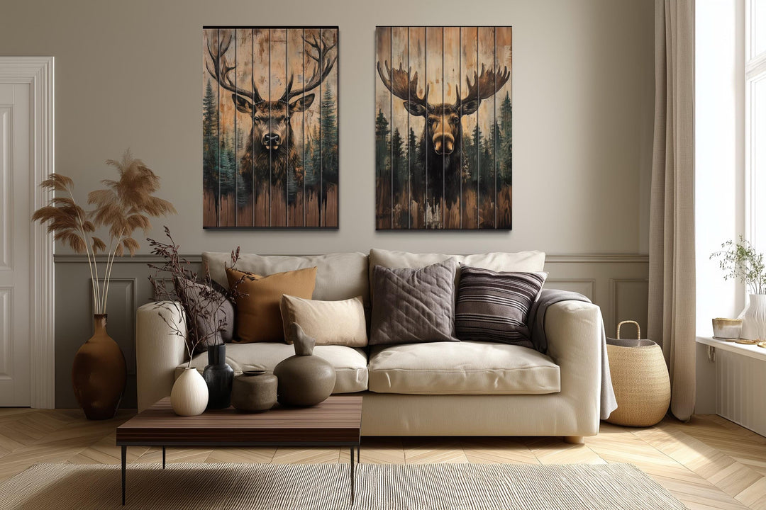 Set of 2 Rustic Moose and Deer Distressed Wood Wall Art