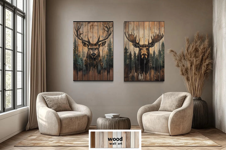 Set of 2 Rustic Moose and Deer Distressed Wood Wall Art