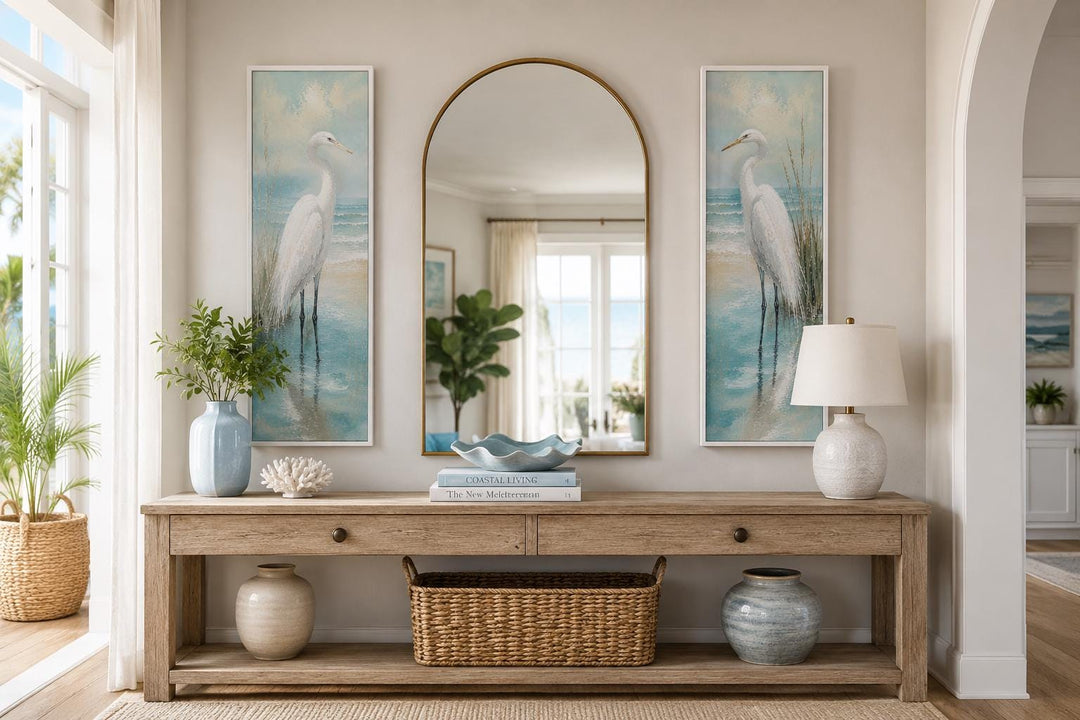 Set of two tall narrow canvas prints featuring white egrets in a coastal watercolor style.
