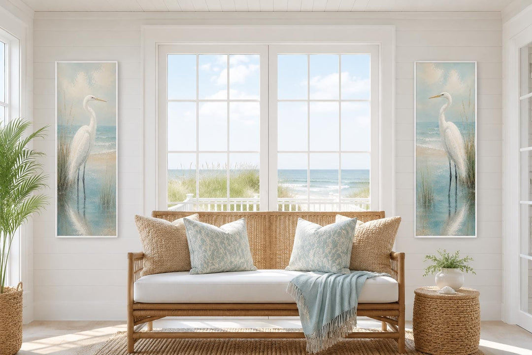 Set of 2 tall narrow canvas prints featuring white egrets in a coastal setting with soft blue tones.