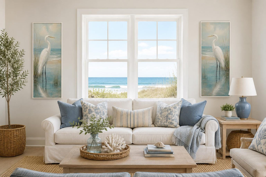 Set of two tall narrow canvas prints featuring white egrets in a coastal watercolor style.