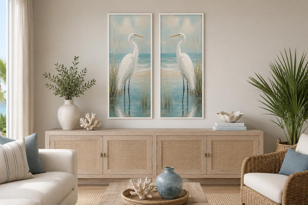 Set of two tall narrow canvas prints featuring white egrets in a coastal setting with muted tones.