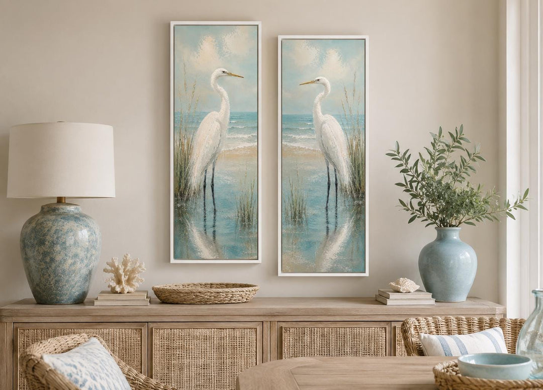 Set of two tall narrow canvas prints featuring white egrets in a coastal marsh setting.