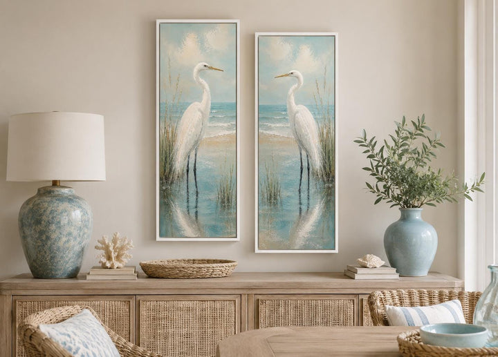 Set of two tall narrow canvas prints featuring white egrets in a coastal marsh setting.
