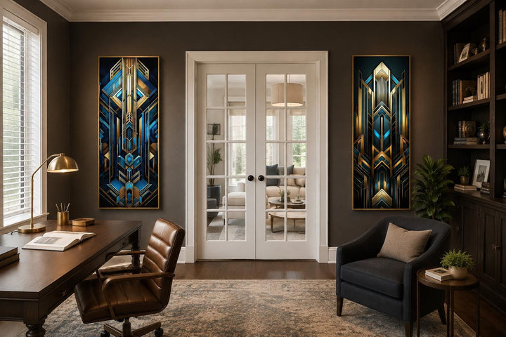Set of 2 tall vertical Art Deco geometric canvas panels in navy blue and gold flanking a doorway.
