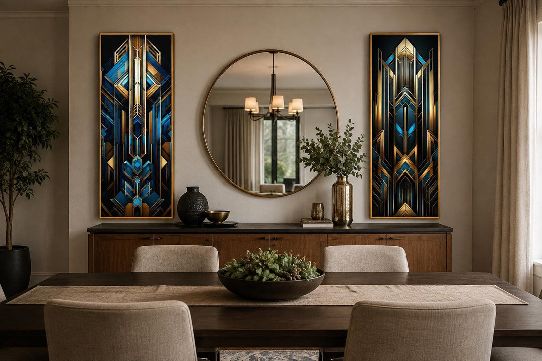 Set of 2 tall vertical Art Deco geometric canvas panels in navy blue and metallic gold wall art.