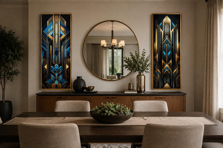 Set of 2 tall vertical Art Deco geometric canvas panels in navy blue and metallic gold wall art.