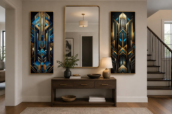 Set of 2 tall vertical Art Deco geometric canvas panels in navy blue and metallic gold wall art.