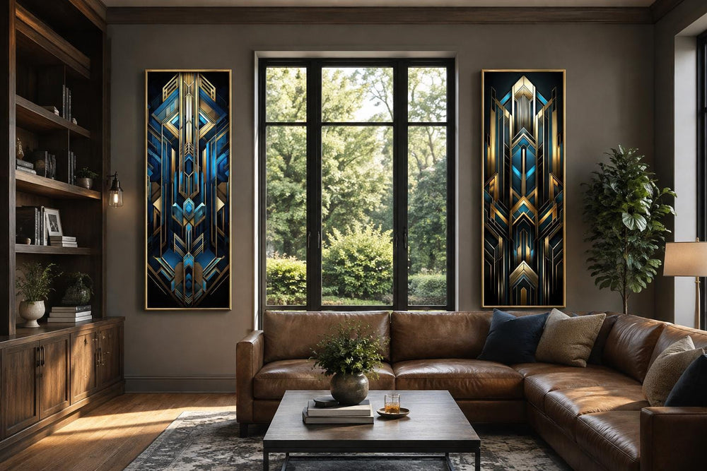 Set of 2 tall vertical Art Deco geometric canvas panels in navy blue and gold in a living room.