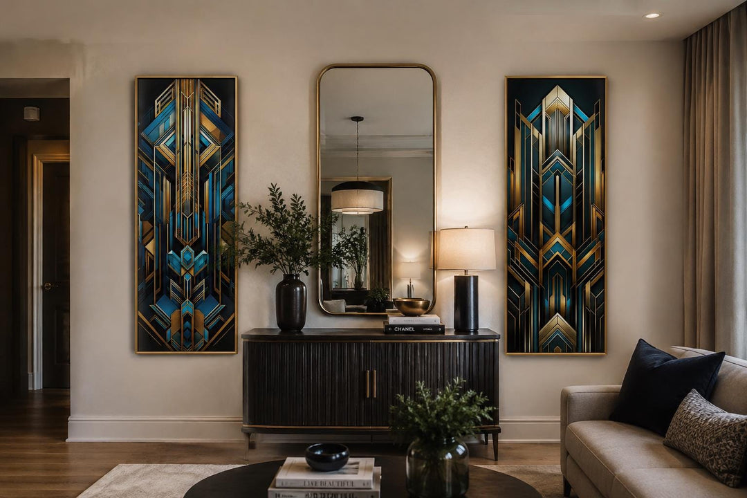 Set of 2 tall vertical Art Deco geometric canvas panels in navy blue and gold flanking a mirror.