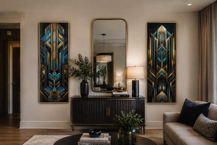 Set of 2 tall vertical Art Deco geometric canvas panels in navy blue and gold flanking a mirror.