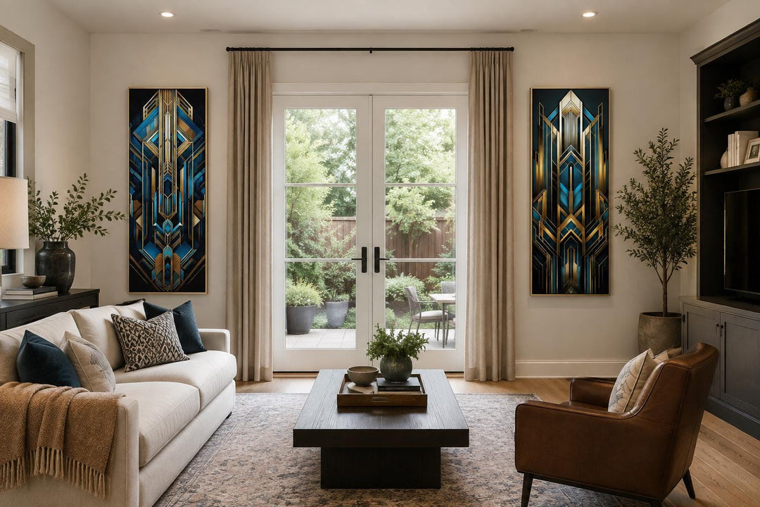 Set of 2 tall vertical Art Deco geometric canvas panels in navy blue and gold flanking a door.