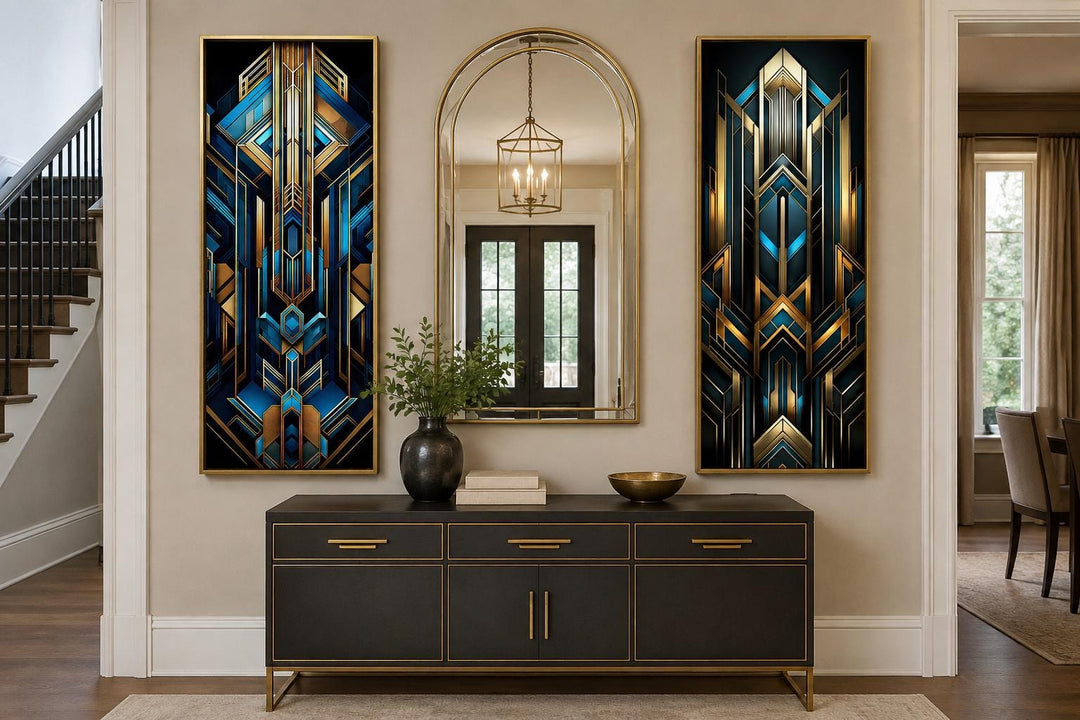 Set of 2 tall vertical Art Deco geometric canvas panels in navy blue and gold on a neutral wall.