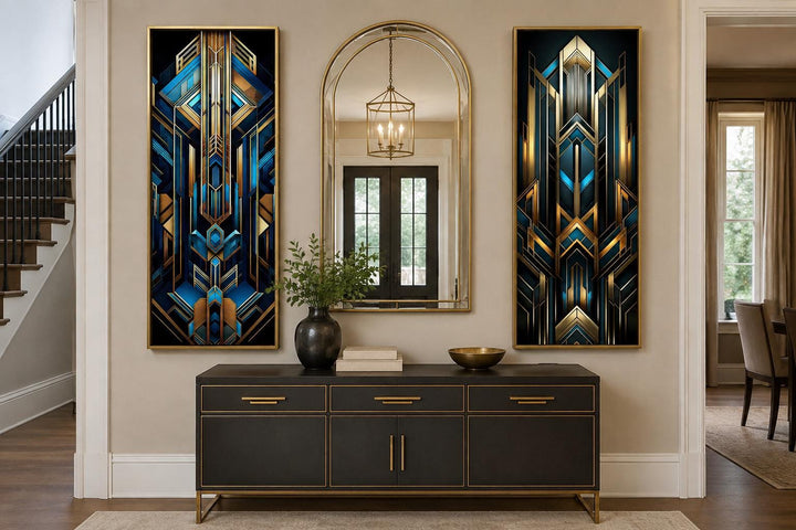 Set of 2 tall vertical Art Deco geometric canvas panels in navy blue and gold on a neutral wall.
