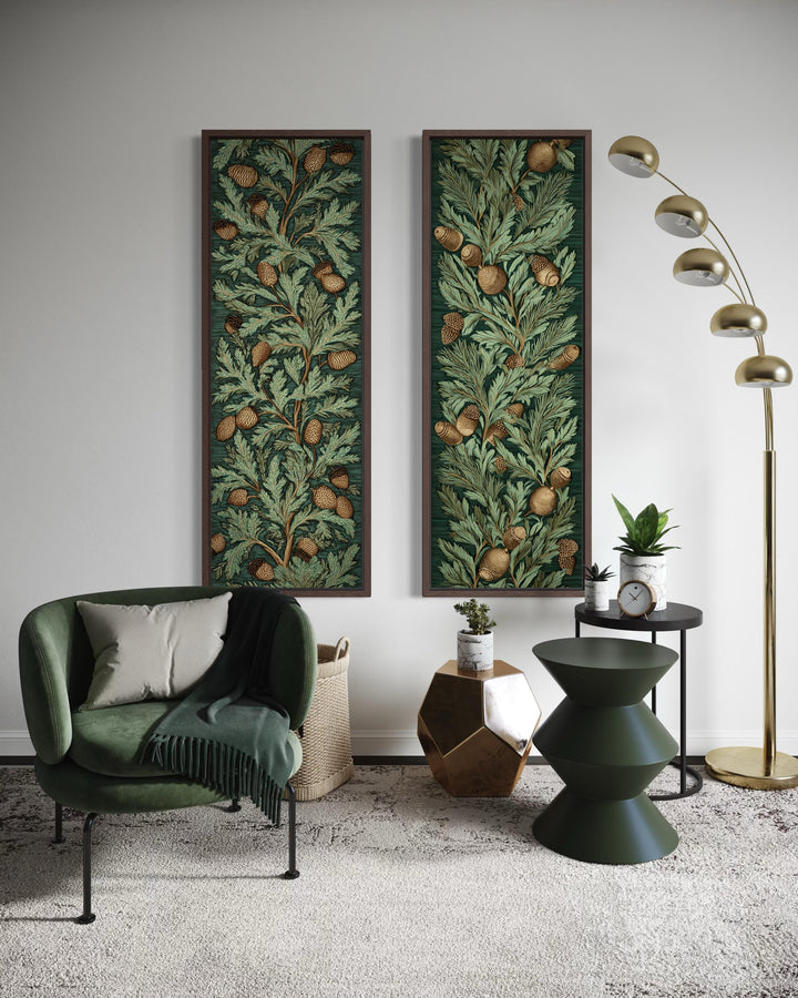 Set of two vertical canvas wall art panels featuring William Morris style oak leaves and acorns.