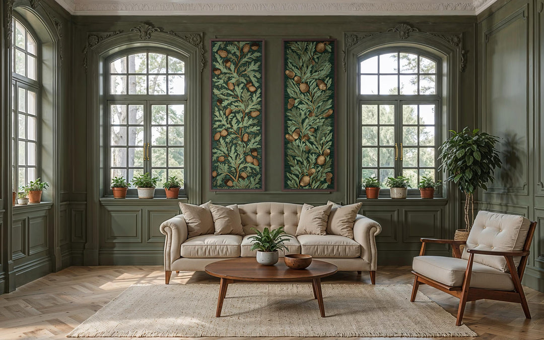 Set of two vertical canvas panels featuring William Morris style oak leaves and acorns.