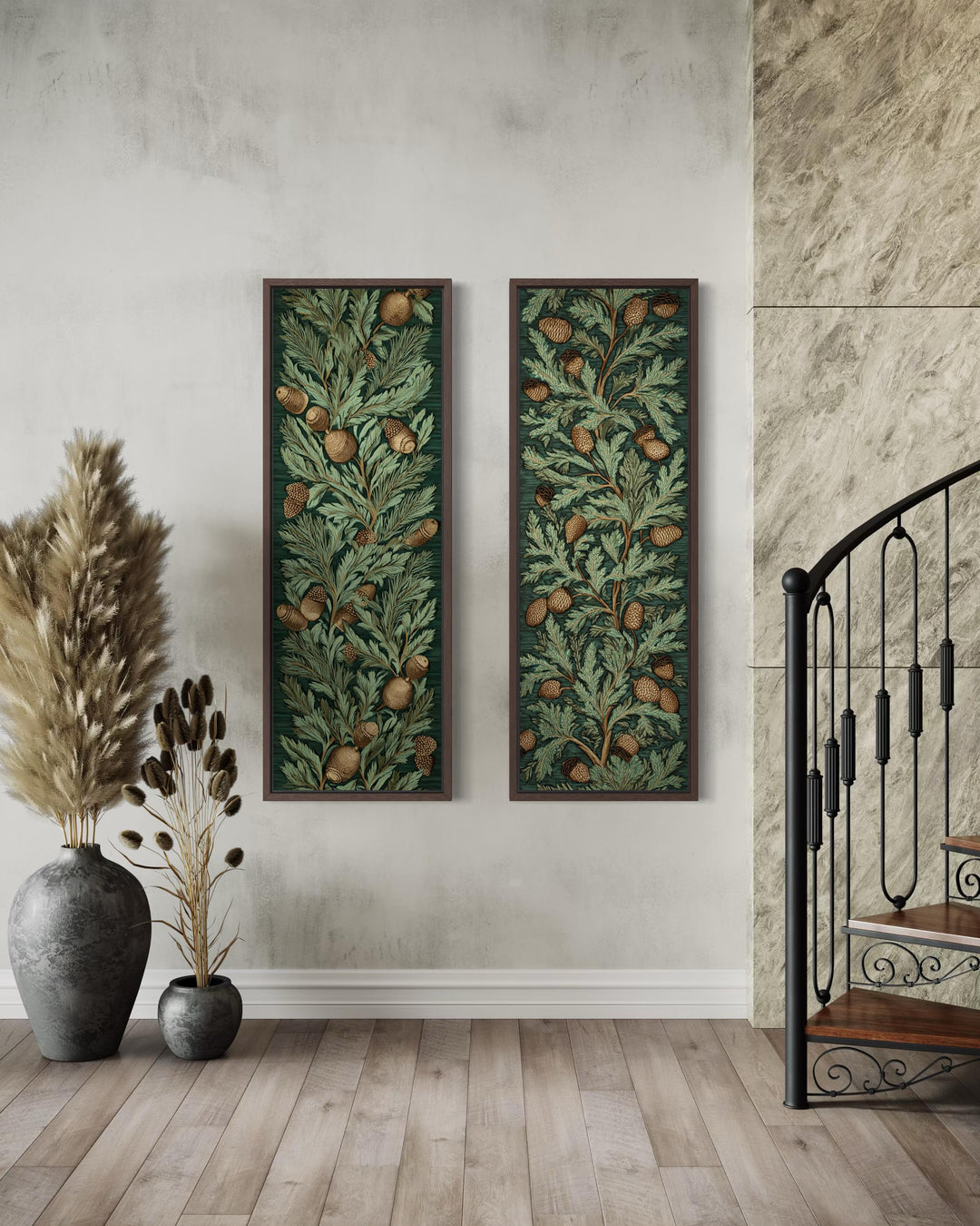 Set of two vertical canvas wall art panels featuring William Morris style leaves and acorns.