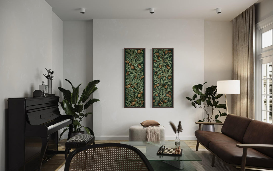 Set of two vertical narrow canvas wall art panels featuring William Morris style leaves and acorns.
