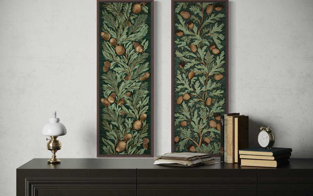 Set of two vertical narrow canvas wall art panels featuring William Morris style leaves and acorns.
