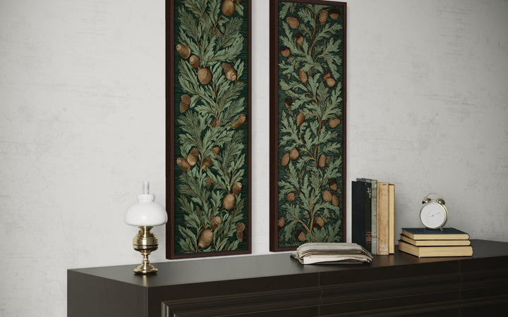 Set of two vertical narrow William Morris style canvas prints with oak leaves and acorns.