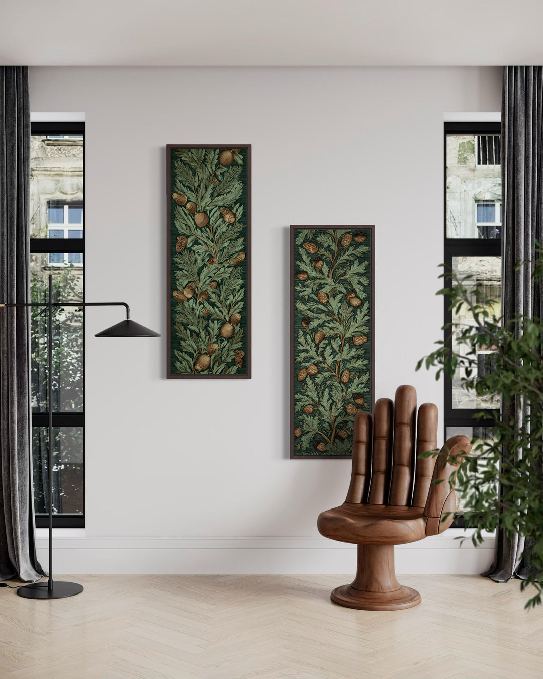 Set of 2 vertical narrow William Morris style canvas wall art with oak leaves and acorns.