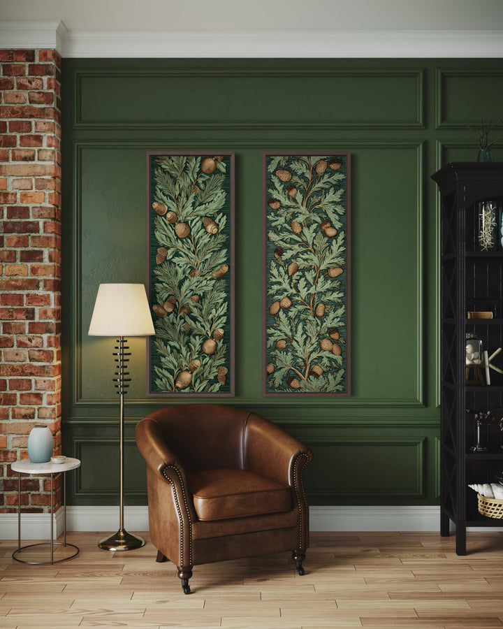 Set of two vertical narrow canvas panels featuring William Morris style oak leaves and acorns.