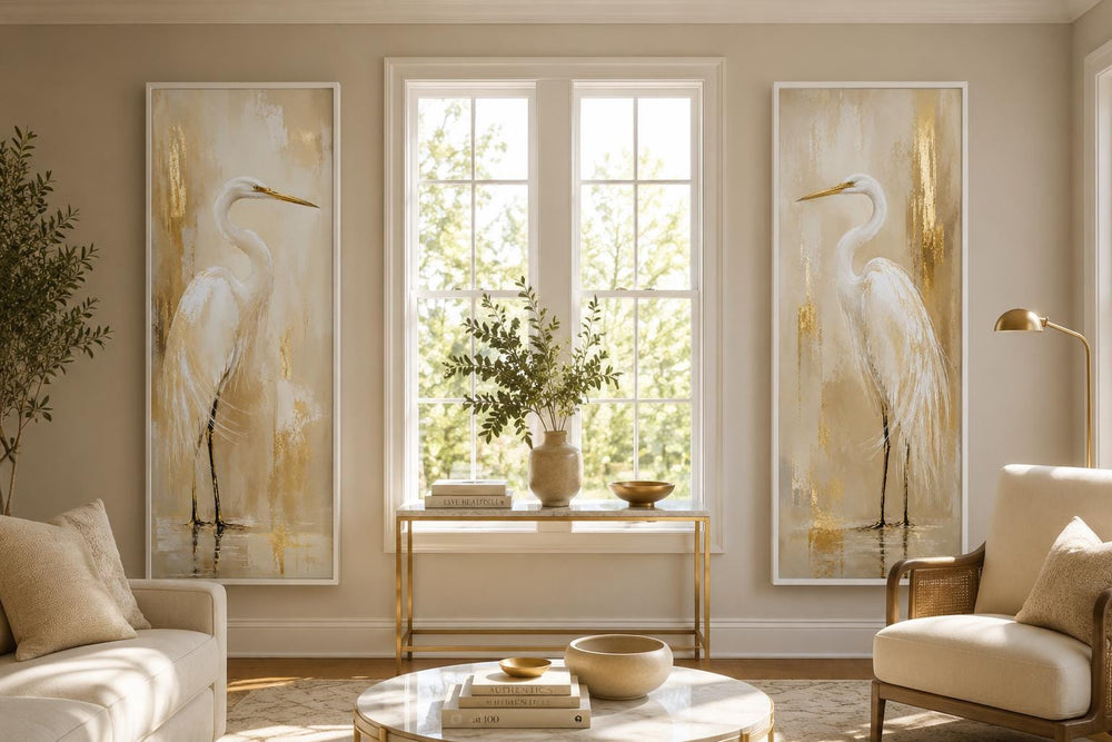 Set of 2 tall narrow canvas prints featuring white egrets with gold accents in a modern entryway.