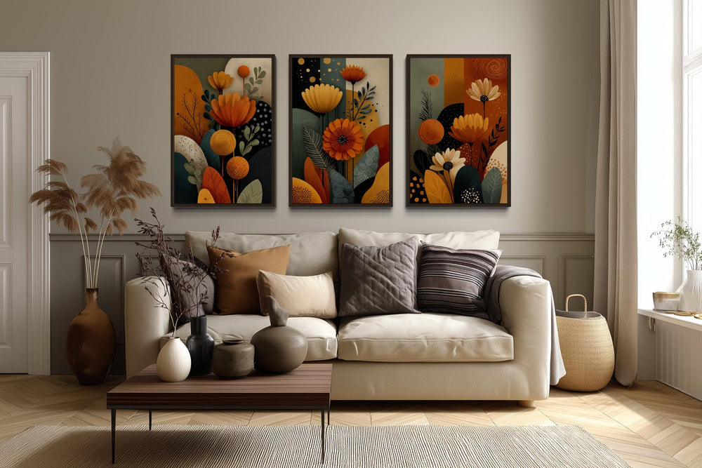 Set of 3 Abstract Floral Warm Earth Tone Boho Wall Art