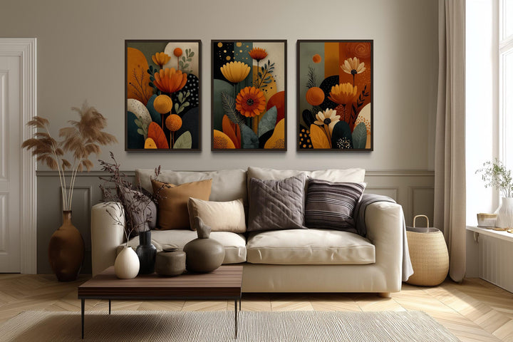 Set of 3 Abstract Floral Warm Earth Tone Boho Wall Art