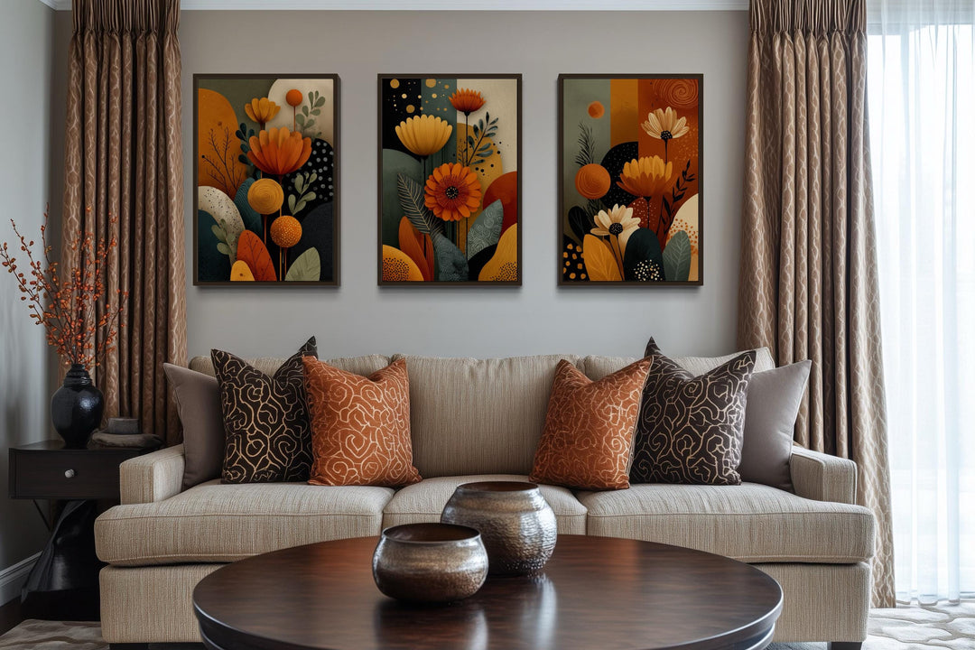 Set of 3 Abstract Floral Warm Earth Tone Boho Wall Art