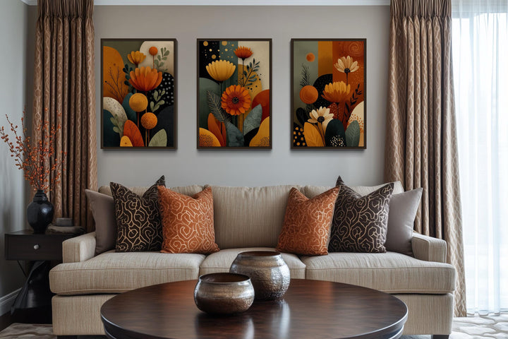 Set of 3 Abstract Floral Warm Earth Tone Boho Wall Art