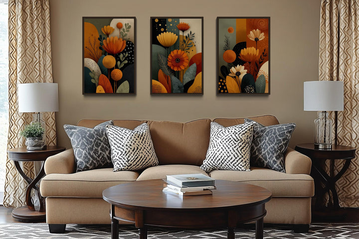 Set of 3 Abstract Floral Warm Earth Tone Boho Wall Art