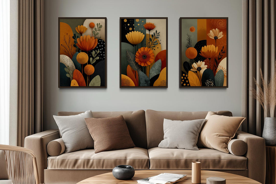 Set of 3 Abstract Floral Warm Earth Tone Boho Wall Art