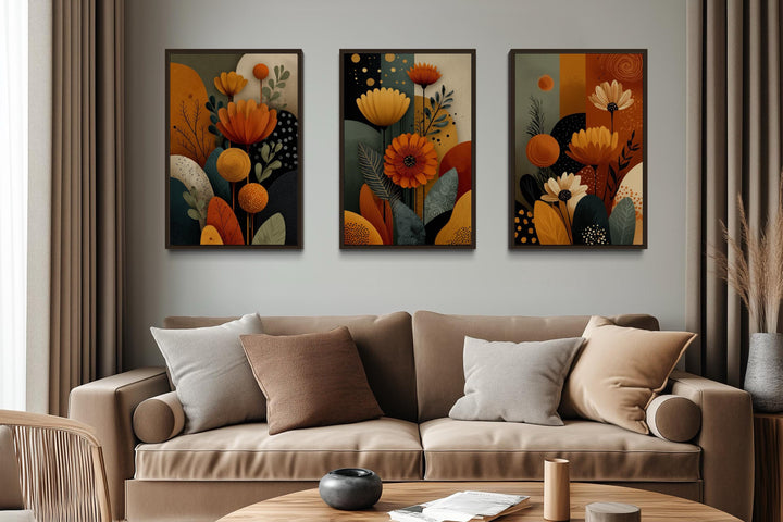 Set of 3 Abstract Floral Warm Earth Tone Boho Wall Art