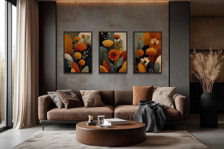 Set of 3 Abstract Floral Warm Earth Tone Boho Wall Art
