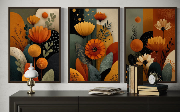 Set of 3 Abstract Floral Warm Earth Tone Boho Wall Art