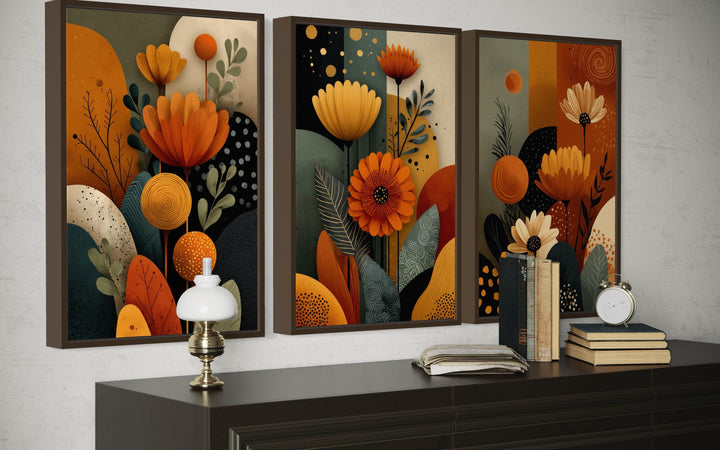 Set of 3 Abstract Floral Warm Earth Tone Boho Wall Art