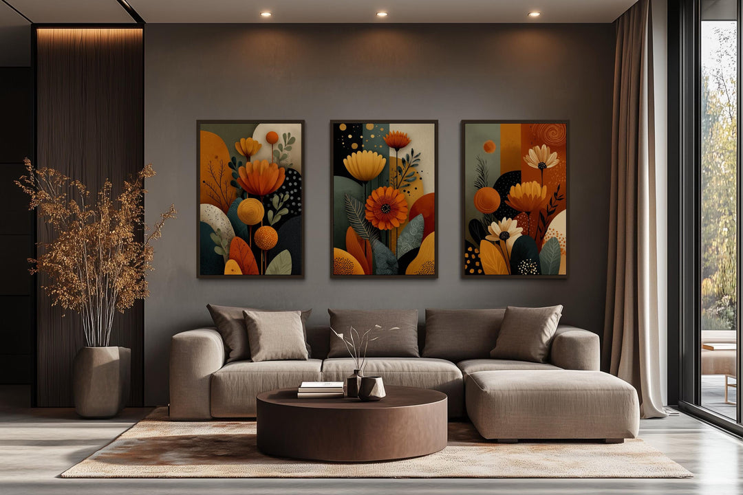 Set of 3 Abstract Floral Warm Earth Tone Boho Wall Art